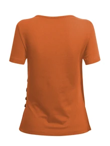 SHEIN LUNE Women's Solid Color V-Neck Pleated Fitted Versatile Casual Short Sleeve T-Shirt - Orange - View 2