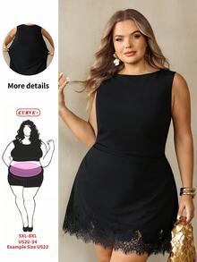 SHEIN CURVE+ Plus Size Women's Black Lace Patchwork Sleeveless Dress, Autumn/Winter - Black - View 1