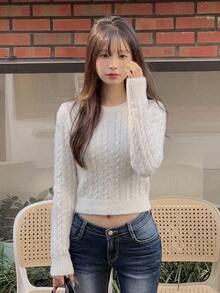 DAZY Women's Solid Color Fitted Short Long Sleeve Crew Neck Casual Daily Vacation Korean Style Autumn/Winter Knit Sweater - White - View 4