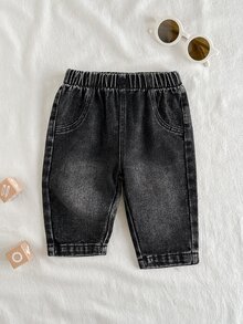 1件新生兒幼兒牛仔褲 經典水洗黑色 鬆緊腰 口袋 直筒褲管 常規版 戶外 春秋 度假 活動下身褲 - 深灰色 - 查看 1