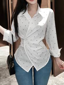 SHEIN Franclia 女款復古黑白波點裹身長袖襯衫，適合日常通勤 - 白色 - 查看 4