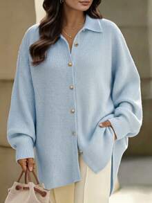 SHEIN LUNE CURVE 大尺碼女款休閒秋冬中長版開襟衫，翻領設計，單排金屬手工縫製鈕扣，落肩設計與燈籠袖 - 淺藍色 - 查看 1