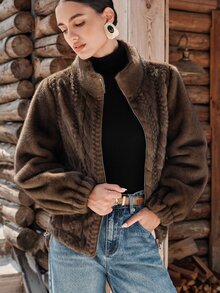 Anewsta European Women's Autumn/Winter Short Fur Coat, Faux Mink Fur, Dual-Color, Plush - Coffee Brown - View 5