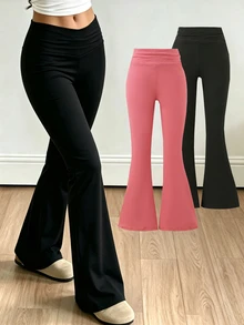 Girls' Teen Soft Comfortable Elastic Flare Casual Long Pants, High Elasticity Skin-Friendly Solid Color Sports Long Pants 2-Piece Set - Multicolor - View 3