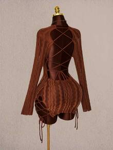 Amplova Women's Fashionable Daily Knit Backless Dress - Brown - View 1