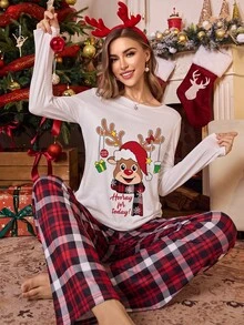 SHEIN Women's Cartoon Print Long Sleeve Top And Pants Casual Daily Home Pajama Set - Multicolor - View 4