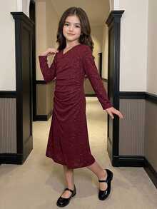 DAZY Tween Girl) V-Neck Pleated Asymmetric Long Dress, Autumn Dress - Burgundy - View 5