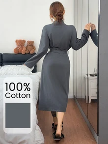 Napfluff روب طويل نسائي كاجوال من القطن 100% ناعم على البشرة للمنزل والصباح - رمادي - مشاهدة 3