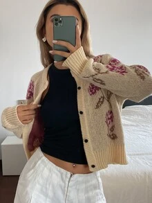 Livesso Autumn/Winter Khaki Round Neck Button Cable Knit Long Sleeve Slim Fit Ribbed Cardigan For Women - Khaki - View 5