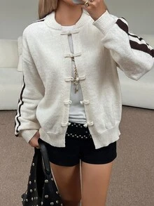 Livesso Women's White Round Neck Button Cable Knit Long Sleeve Slim Fit Ribbed Cardigan, Autumn/Winter - White - View 7