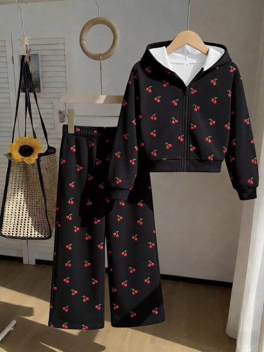 秋冬女童休閒時尚套裝:甜美櫻桃印花連帽衫與寬腿褲 2 件套(美式夾克與長褲),百搭連帽衫與寬腿褲組合,適合 8-12 歲女童,黑色連帽衫套裝 - 黑色 - 查看 1