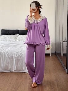 DAZY Women's Contrast Lace Ruffle Long Sleeve Top And Long Pants Pajama Set - Purple - View 5