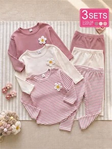 SHEIN 3件組幼女長袖上衣+長褲套裝，可愛甜美粉色奶油色羅紋花朵條紋圓領生日秋季假期毛衣套裝 - 彩色 - 查看 3