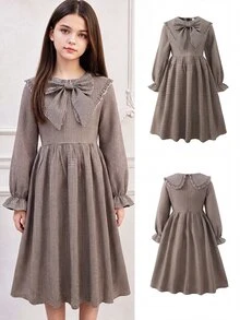 Tween Girl Tween Girl Tween Girl Tween Girls Long Sleeve Plaid Cinched Waist Bow Exaggerated Collar Long D - Khaki - View 14