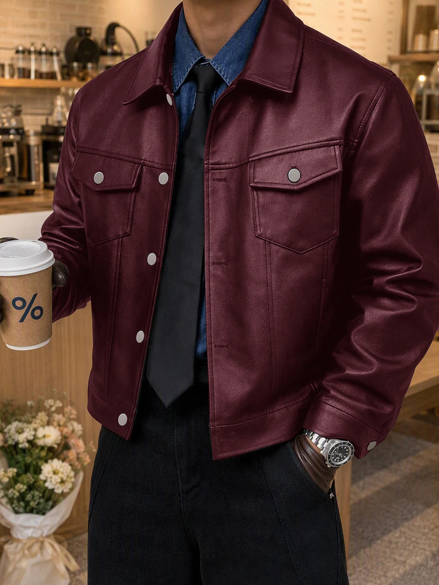 SIGLOCORE Men's Front Button Long Sleeve Casual Jacket - Burgundy - View 1