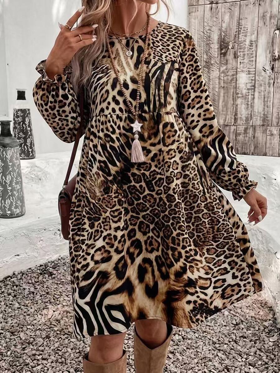 SHEIN VCAY 大尺碼女款度假動物印花豹紋斑馬紋圓領長袖寬鬆短洋裝 - 彩色 - 查看 1