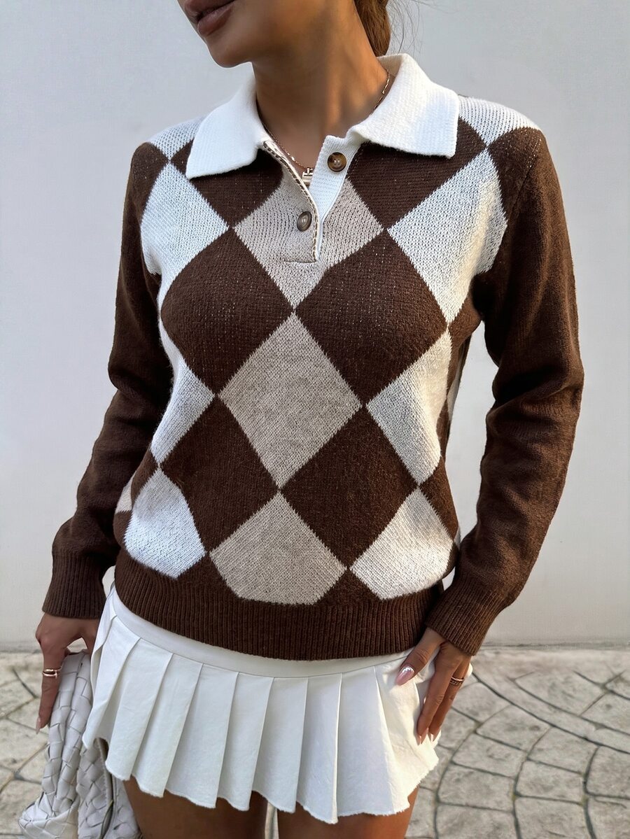 SHEIN LUNE 女款基礎極簡時尚領口格紋韓風秋冬毛衣 - 彩色 - 查看 1