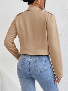 SHEIN 女款純色西裝領前開拉鍊鈕扣裝飾時尚休閒夾克 - 杏色 - 查看 2