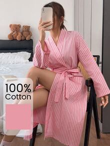 Napfluff رداء نسائي طويل من القطن 100% مخطط مع جيوب، ملابس منزلية كاجوال - بطيخ وردي اللون - مشاهدة 1