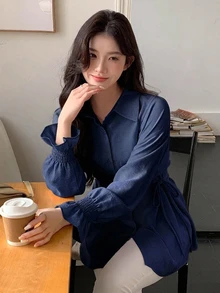 DAZY 女款純色長袖側綁帶收腰休閒通勤襯衫 - 藍色 - 查看 5