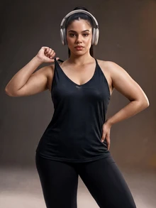 Powerista Women's Plus Size Backless Racerback Loose Black Jacquard Fabric Sports Tank Top - Black - View 2