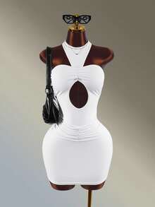 Amplova Women's White Halter Neck Pleated Athletic One-Piece Dress - White - View 2
