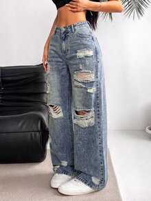 SHEIN Tall Women's Loose Distressed Denim Jeans - Blue - View 4