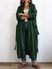 Linhara CURVE Women's Long Casual Linen Jacket, Outdoor Casual, Commute Top - Dark Green - View 6