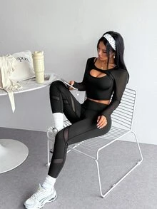 SHEIN Dewbera Women's Solid Color Hollow Out Top And Leggings Casual Daily Sports Set - Black - View 4