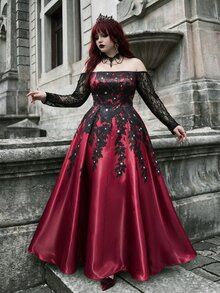 Whyspr Plus Size Sexy Hot Girl Off-Shoulder Lace Flare Dress - Burgundy - View 1
