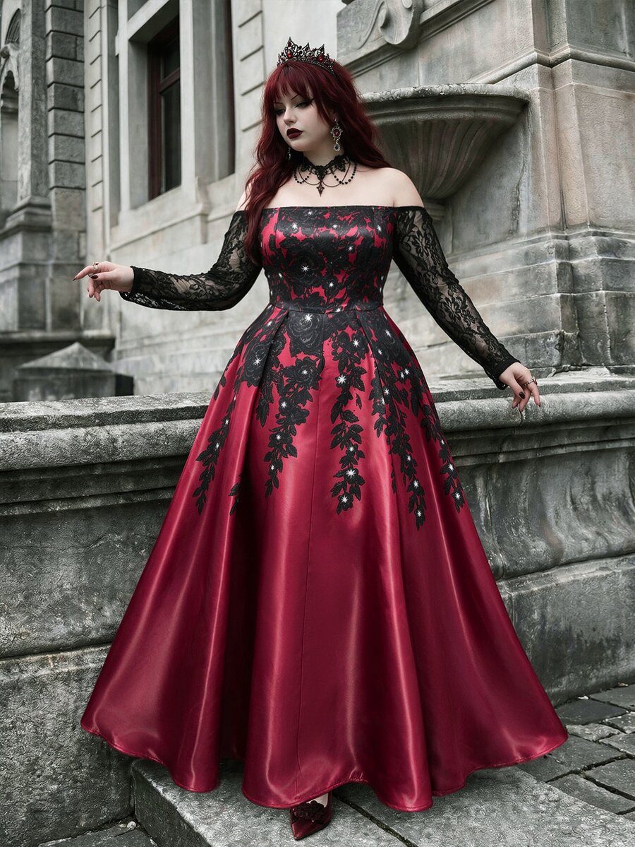 Whyspr Plus Size Sexy Hot Girl Off-Shoulder Lace Flare Dress - Burgundy - View 1