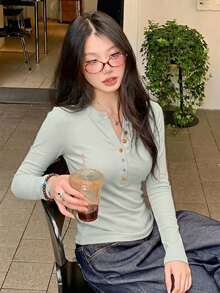 DAZY 春秋綠色性感休閒度假街頭風彩虹彩色鈕扣裝飾修身長袖甜美女款T恤 - 薄荷綠 - 查看 3