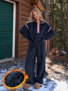 Livesso Women's Dropped Shoulder Long Sleeve Zipper Half-Placket Top And Pants Pajama Set - Navy Blue - View 7