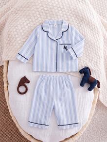 SHEIN Newborn Baby Boy Two-Tone Striped Fabric Collared Contrast Trim Animal Print Patch Pocket Button-Up Loose Top And Casual Straight Leg Pants Set, Suitable For Winter - Blue - View 5