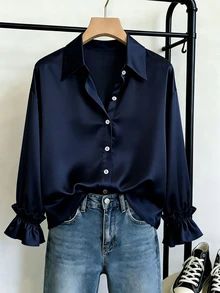 SHEIN Franclia ملابس علوية نسائي أزرق داكن بياقة وأكمام طويلة، جديد لفصلي الربيع والخريف، بتصميم بسيط أحادي الصدر، لون موحد، مع أساور مكشكشة، فضفاض وممشوق، متعدد الاستخدامات وسهل التنسيق - أزرق بحري - مشاهدة 1