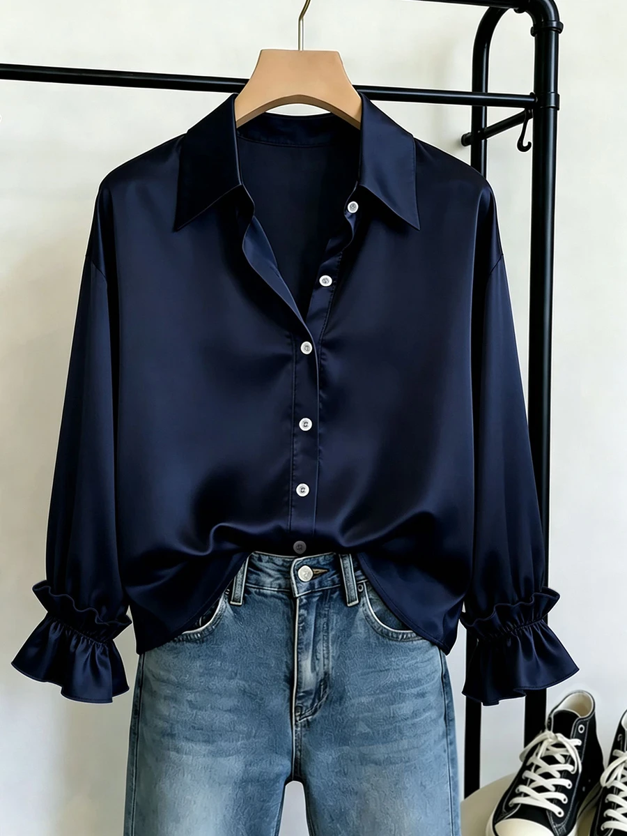 SHEIN Franclia ملابس علوية نسائي أزرق داكن بياقة وأكمام طويلة، جديد لفصلي الربيع والخريف، بتصميم بسيط أحادي الصدر، لون موحد، مع أساور مكشكشة، فضفاض وممشوق، متعدد الاستخدامات وسهل التنسيق - أزرق بحري - مشاهدة 1
