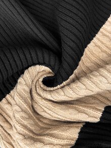 Elenzga Plus Size Women's Black & Contrast Color V-Neck Knitted Cardigan, Cinched Waist Slim Fit, Metal Gold Buttons, Vertical Ribbed Cable Texture, Flattering Commuter Versatile Outerwear - Multicolor - View 8