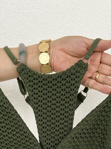 Swim Mod Polka Dot Halter Tie Two Pieces Bikini Swimsuit - Army Green - View 5