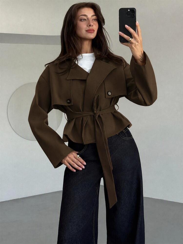 Aloruh Beige Cinched Waist Waist Short Women's Trench Coat, Versatile For Autumn/Winter,Fall Office Ellegant Teachers' Day French Elegant - Brown - View 8