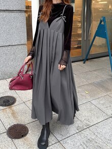 FRIFUL Women's Solid Color Pleated Casual Daily Summer Long Dress - Grey - View 5