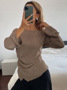 DAZY Solid Color Fitted Pleated Long Sleeve Round Neck Casual Elegant Vacation Korean Style Spring Autumn Blouse For Women - Khaki - View 5