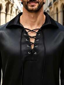 Manfinity AFTRDRK Men's Solid Color Tie Collar Design Fashion Shirt - Black - View 6