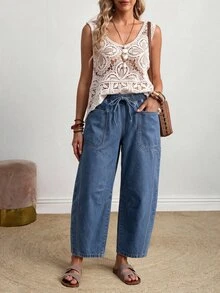 EMERY ROSE Plus Size Women's Drawstring Waist Pocket Casual Everyday Denim Jeans - Blue - View 5