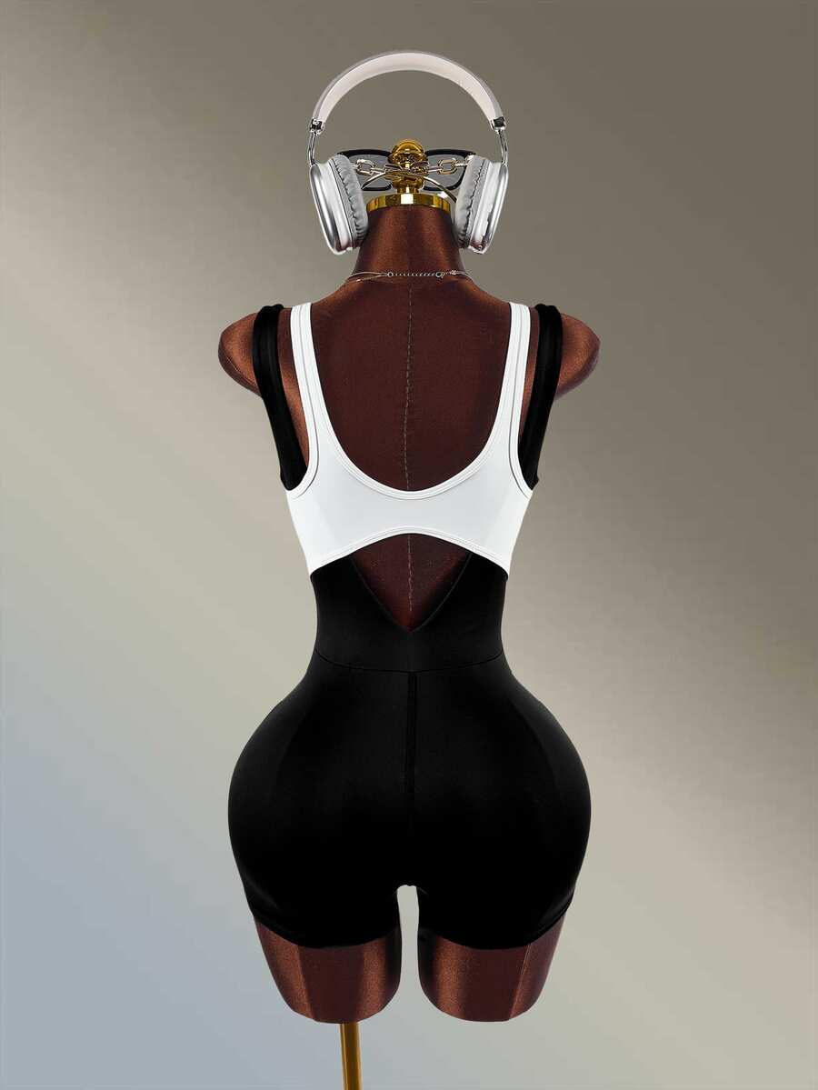 Amplova Women's Black & White Colorblock V-Neck Sleeveless Backless High Neck Short Leg Sports Jumpsuit - Black and White - View 1