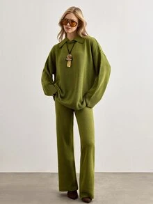SHEIN Olive Green Heathered Knit Two Pieces Set With Collared Sweater And Wide Leg Pants - Green - View 3