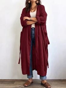 Linhara CURVE Jaket Linen Panjang Kasual Wanita, Atasan Kasual untuk Jalan-jalan dan Berpergian - Burgundy - View 6
