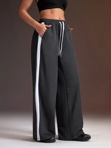 Powerista Women's Drawstring Elastic Waist Double Pocket Side Contrast Stripe Casual Loose Sports Pants - Dark Grey - View 6