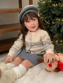 DAZY Infant/Toddler (Girl) Round Neck Floral Korean Style Autumn/Winter Casual Knit Sweater - Dusty Blue - View 10