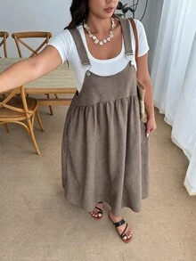 Enliva Plus Size Autumn Plaid Sleeveless High Waist Pinafore Midi Dress Apple - Brown - View 9