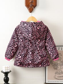 SHEIN 1件少女純色豹紋簡約收腰設計休閒連帽外套，適合秋冬穿著，適用於學校、戶外活動、家庭聚會，保暖舒適 - 粉色 - 查看 2